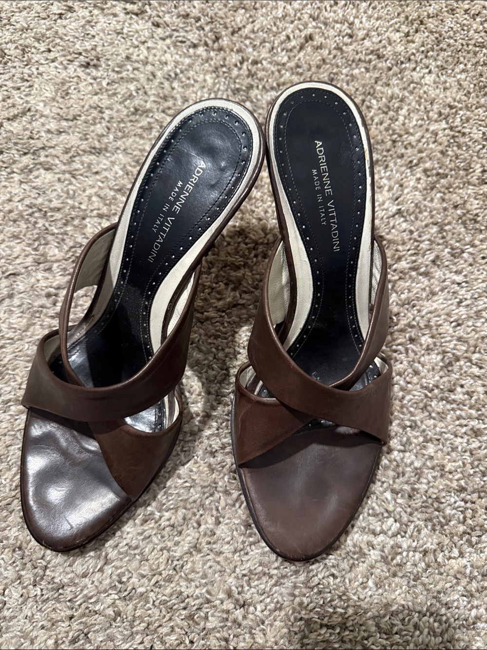 Adrienne Vittadini Brown Leather Crisscross Open-Toe Mules 3”heels